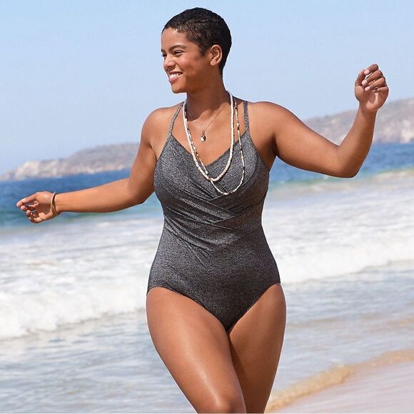 Land's End slender suit shine one piece control X back adjustable foam cup Var - Picture 4 of 6